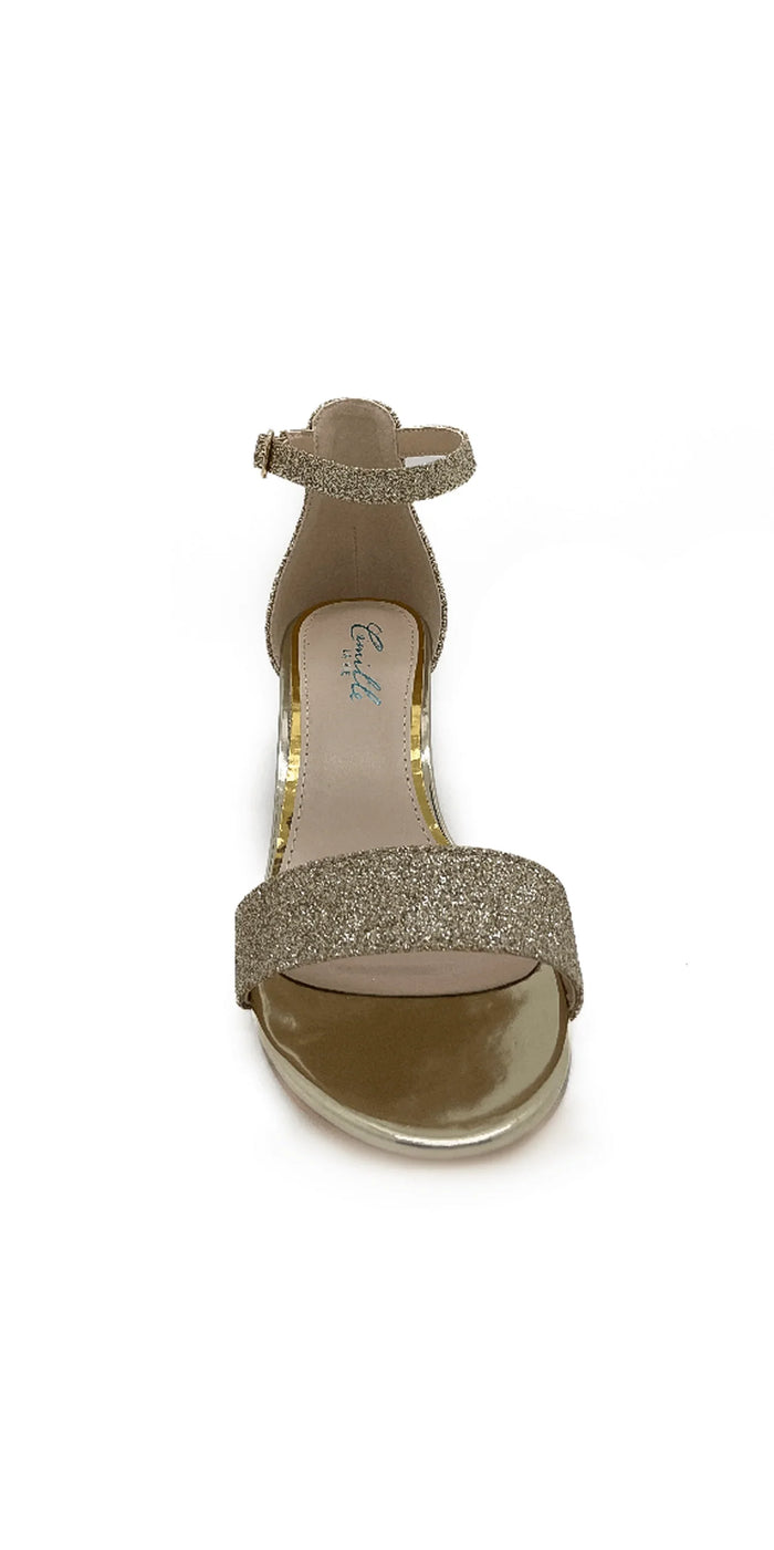 gold/size/6/Camille La Vie/Low Heel Glitter Ankle Strap Sandal / front