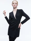 LUCIEN CURVED V-NECK FITTED BLAZER - BLACK