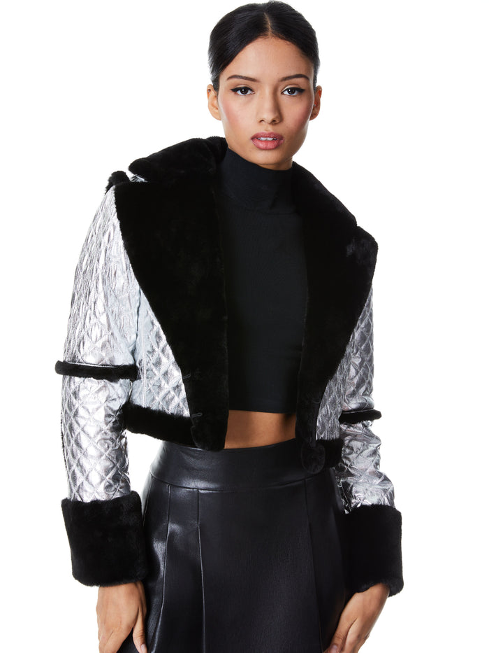 LUISANA QUILTED VEGAN LEATHER COAT - BLACK/SILVER