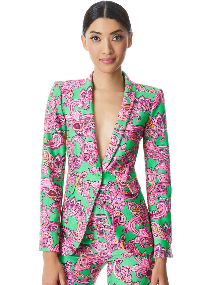 MACEY CUFFED SHAWL COLLAR BLAZER - SPRING PAISLEY GARDEN GREEN