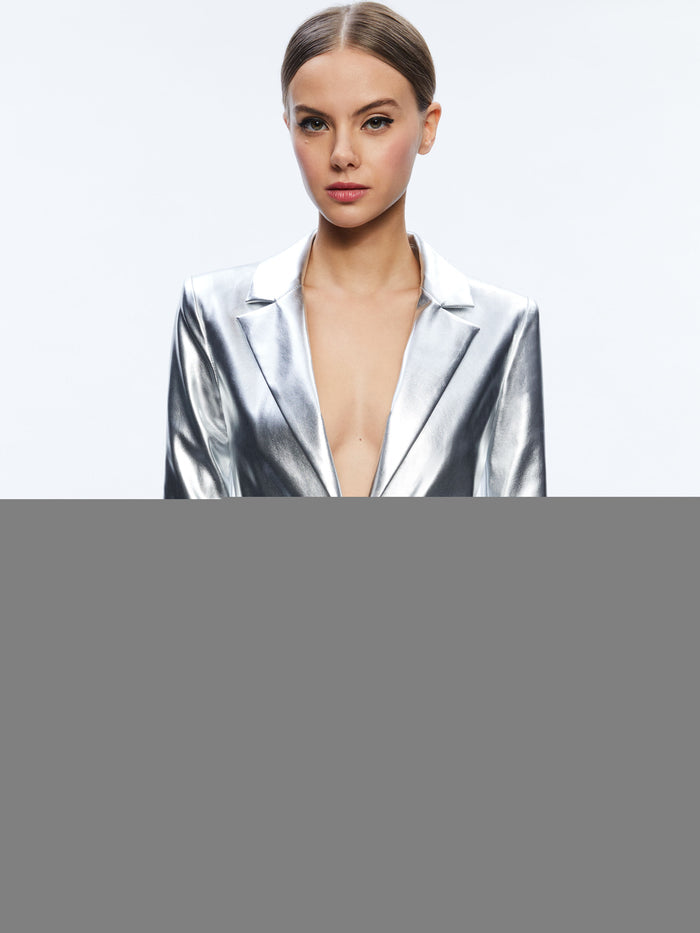 MACEY METALLIC VEGAN LEATHER BLAZER - SILVER