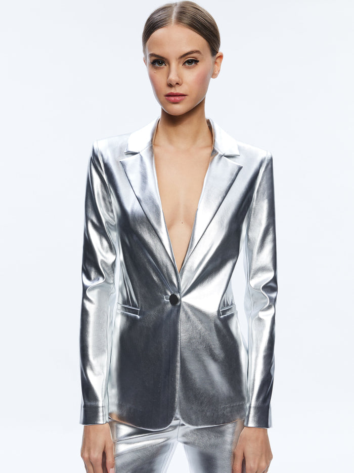 MACEY METALLIC VEGAN LEATHER BLAZER - SILVER
