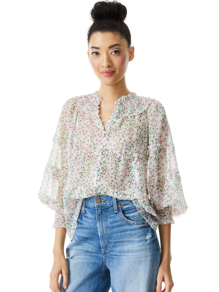MARGERY BUTTON FRONT FLORAL BLOUSE - MONTEREY DITSY SOFT WHITE