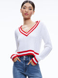 MARIKA CABLE KNIT V-NECK PULLOVER - SOFT WHITE/PERFECT RUBY