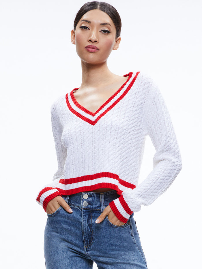 MARIKA CABLE KNIT V-NECK PULLOVER - SOFT WHITE/PERFECT RUBY