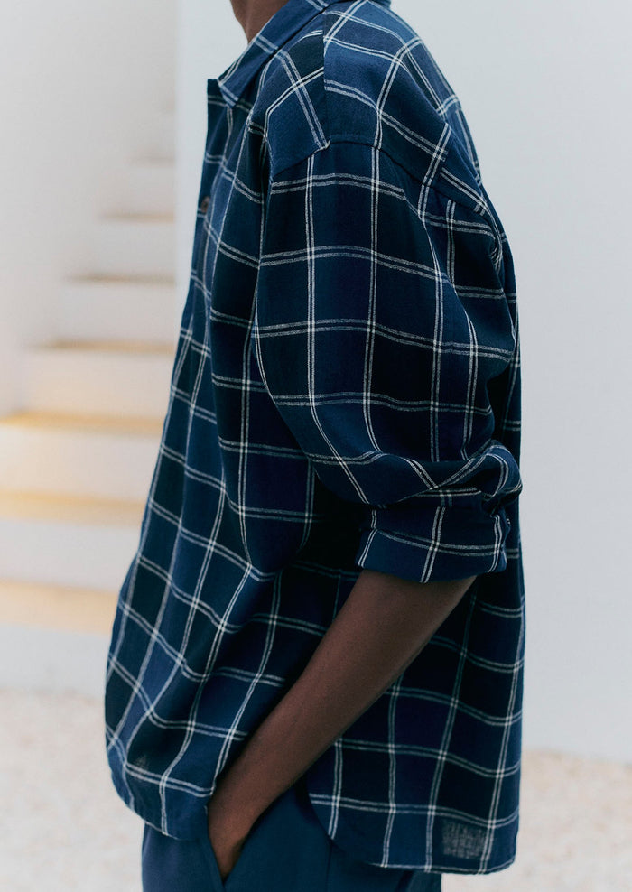 Market Check Cotton Linen Easy Shirt | Denim Blue