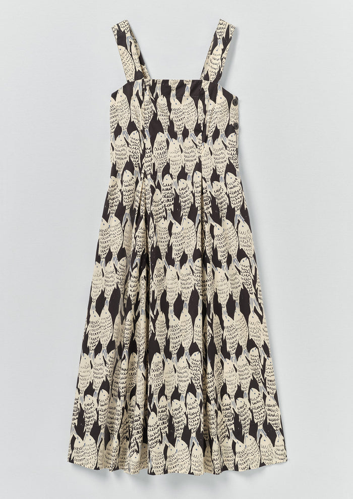Market Fish Print Cotton Poplin Dress | Slate