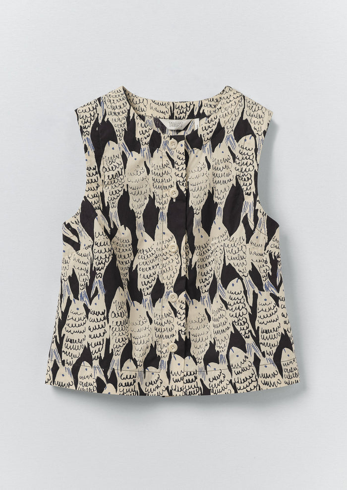 Market Fish Print Cotton Poplin Top | Slate
