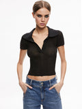 MARTHA METALLIC POLO CROP TOP - BLACK