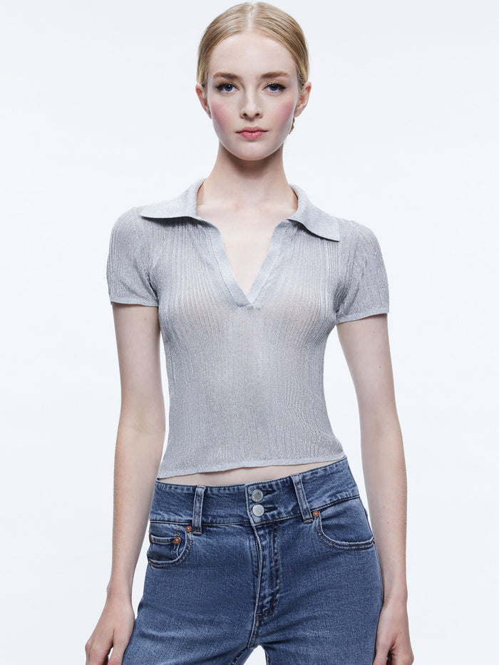 MARTHA METALLIC POLO CROP TOP - SILVER