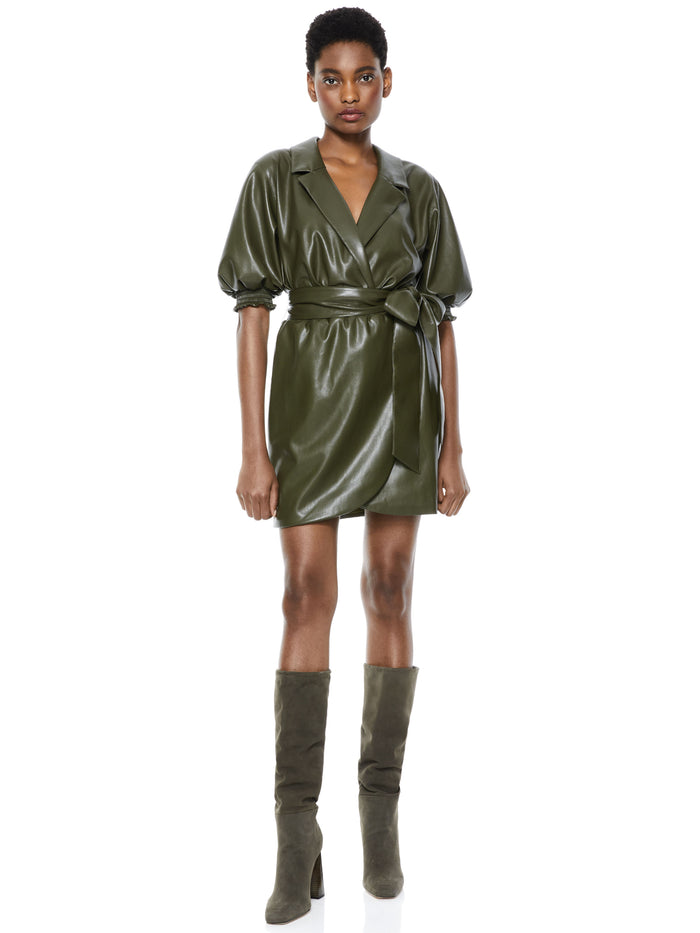 MAUREEN VEGAN LEATHER MINI DRESS - OLIVE