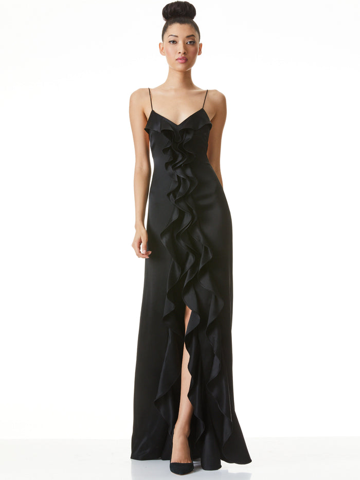 MAYER RUFFLE FRONT MAXI DRESS - BLACK