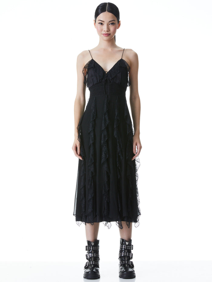 MCGUIRE LACE RUFFLE MIDI DRESS - BLACK