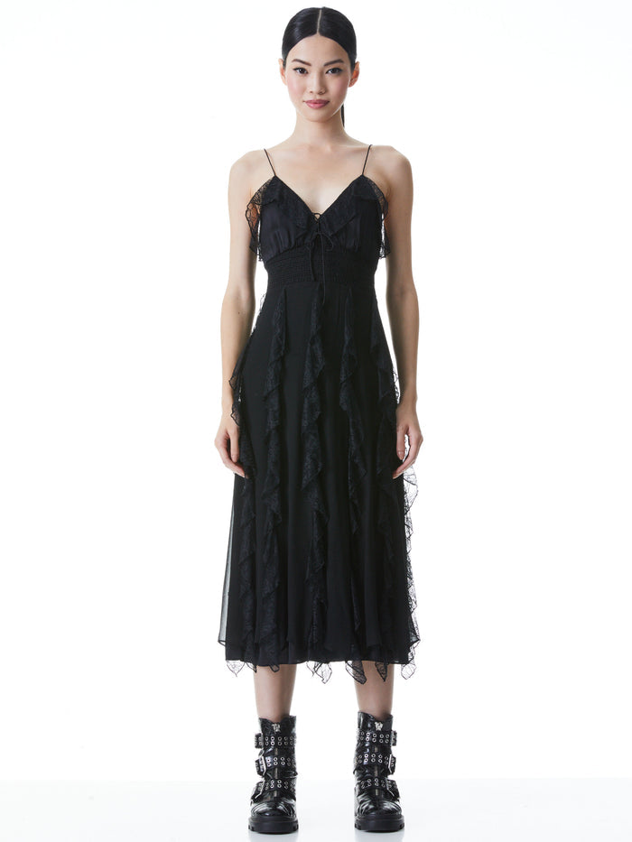 MCGUIRE LACE RUFFLE MIDI DRESS - BLACK