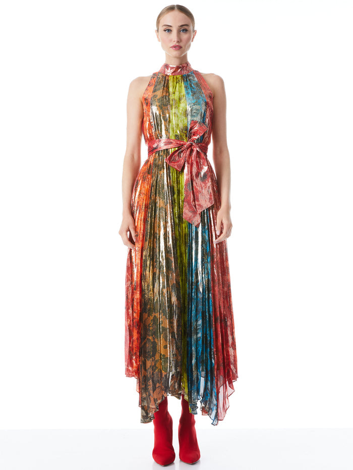 MERTIE MOCK NECK PLEATED MAXI DRESS - MULTI