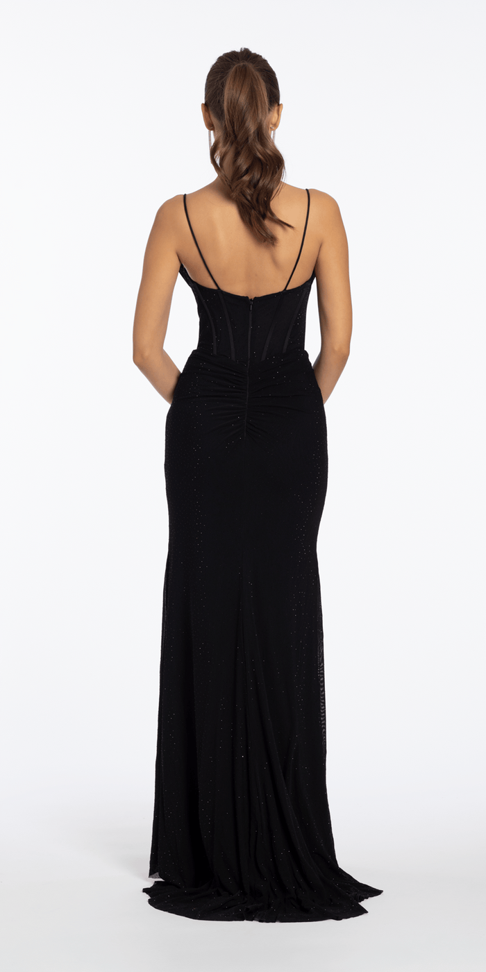 Camille La Vie Mesh Drape Neck Corset Column Dress with Heat Set Stones