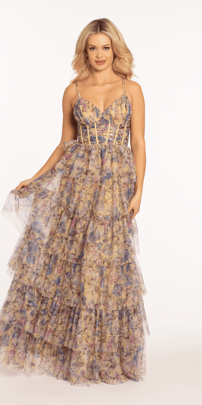 yellow-multi/missy/size/4/ missy/Camille La Vie/Mesh Floral Print Tiered Corset Ballgown/front alt