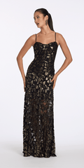 Camille La Vie Mesh Foil Burnout Dress with Basque Waist missy / 2 / black-gold
