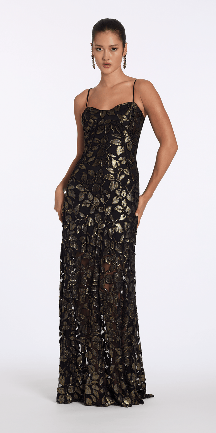 Camille La Vie Mesh Foil Burnout Dress with Basque Waist