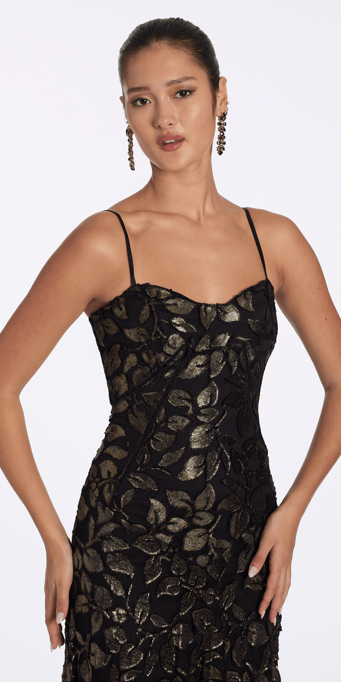 Camille La Vie Mesh Foil Burnout Dress with Basque Waist