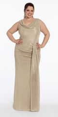 gold/size/14/plus/Camille La Vie/Metallic Cowl Neck Column Dress with Ruching and Tendril /front