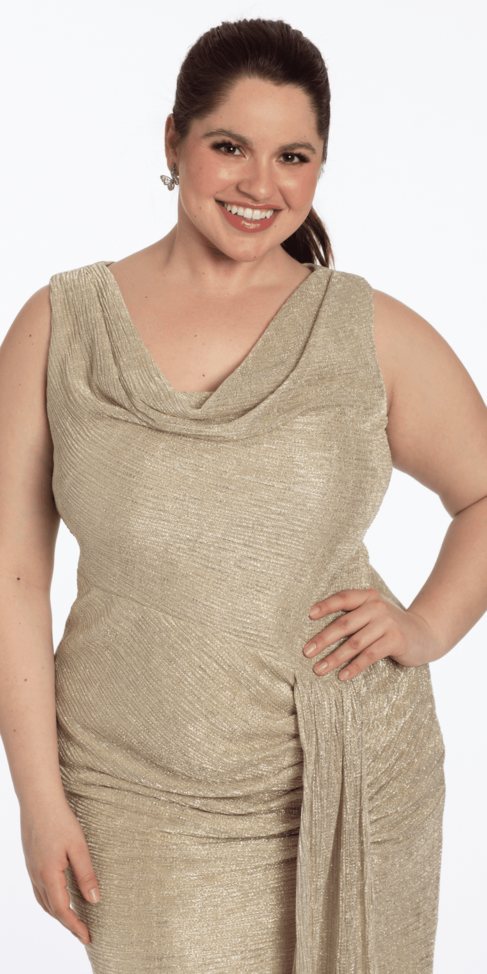 gold/size/14/plus/Camille La Vie/Metallic Cowl Neck Column Dress with Ruching and Tendril /close up