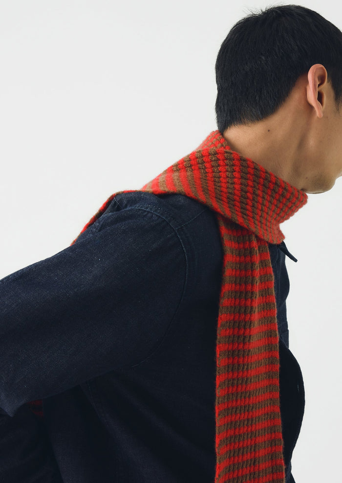 Micro Cable Striped Wool Scarf | Red/Pecan