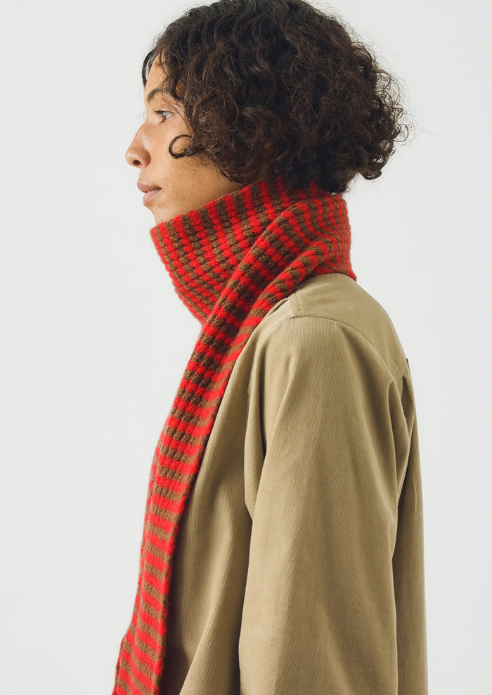 Micro Cable Striped Wool Scarf | Red/Pecan