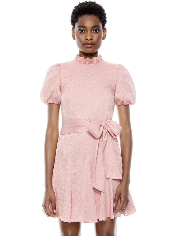 MINA PLEATED SLEEVE GODET DRESS WITH BELT - ROSE