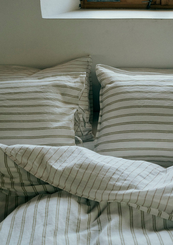 Mina Stripe Linen Cotton Side Tie Pillowcase Set | Ivory/Olive
