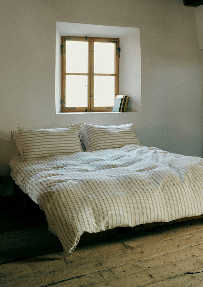 Mina Stripe Linen Cotton Side Tie Pillowcase Set | Ivory/Olive