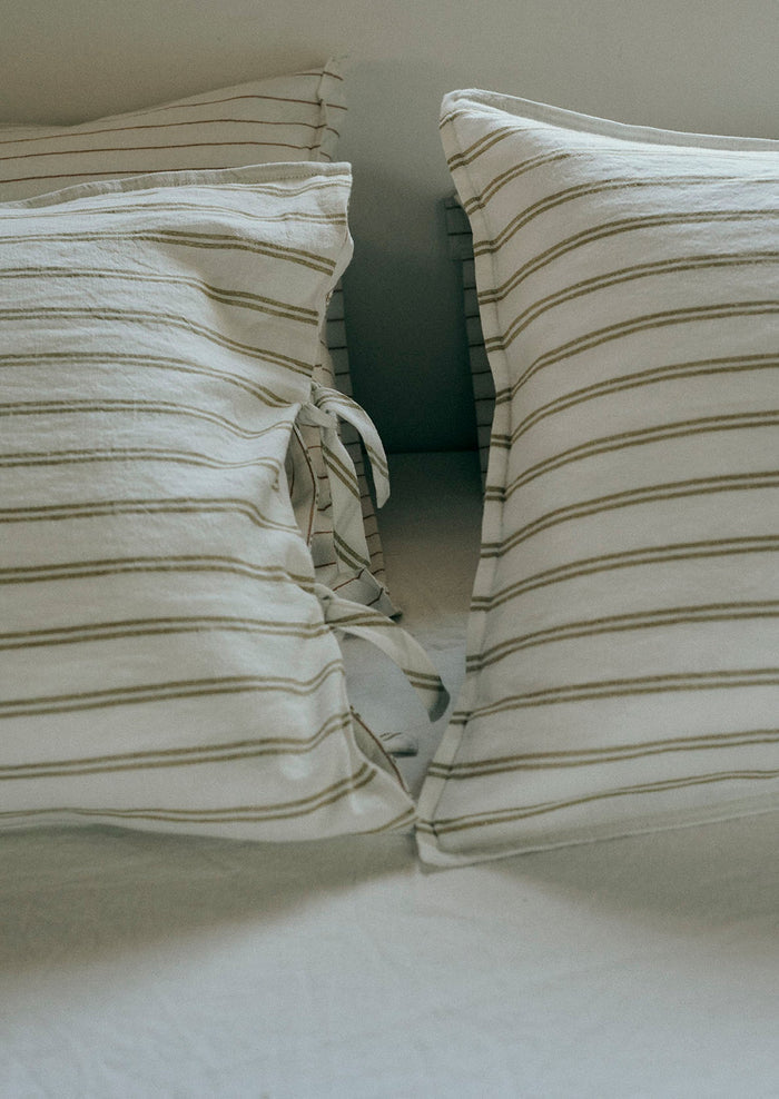 Mina Stripe Linen Cotton Side Tie Pillowcase Set | Ivory/Olive