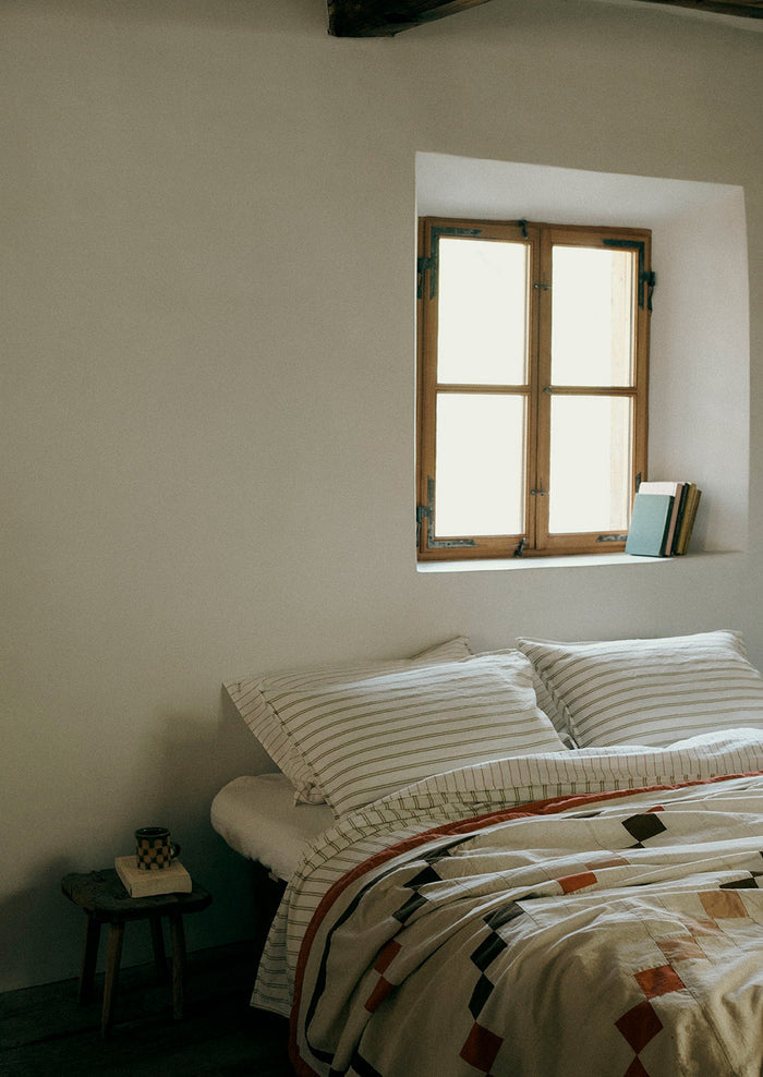 Mina Stripe Linen Cotton Side Tie Pillowcase Set | Ivory/Olive