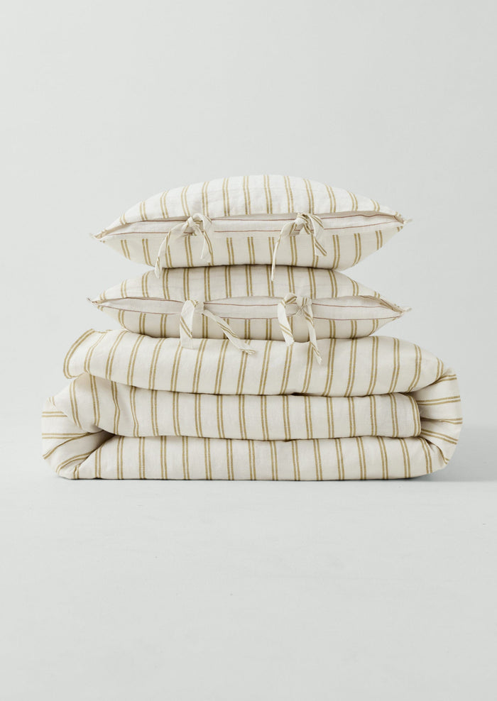 Mina Stripe Linen Cotton Side Tie Pillowcase Set | Ivory/Olive