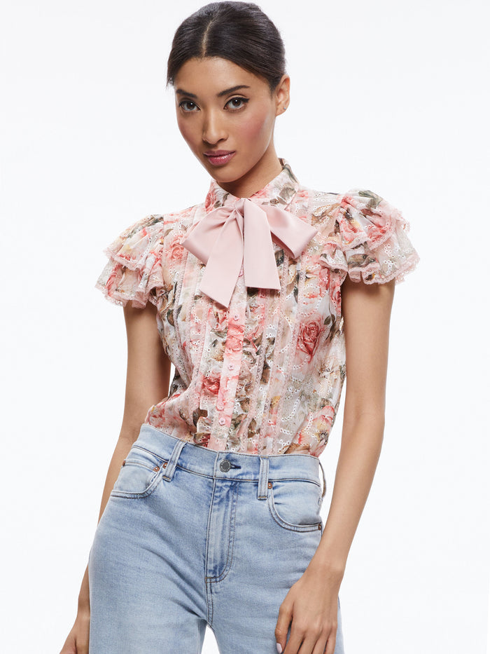 MINDA RUFFLE SLEEVE BLOUSE WITH TIE NECK - MORNINGSIDE FLORAL WHITE