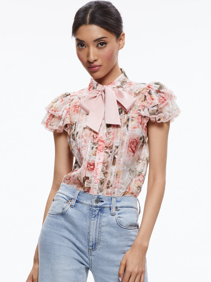 MINDA RUFFLE SLEEVE BLOUSE WITH TIE NECK - MORNINGSIDE FLORAL WHITE