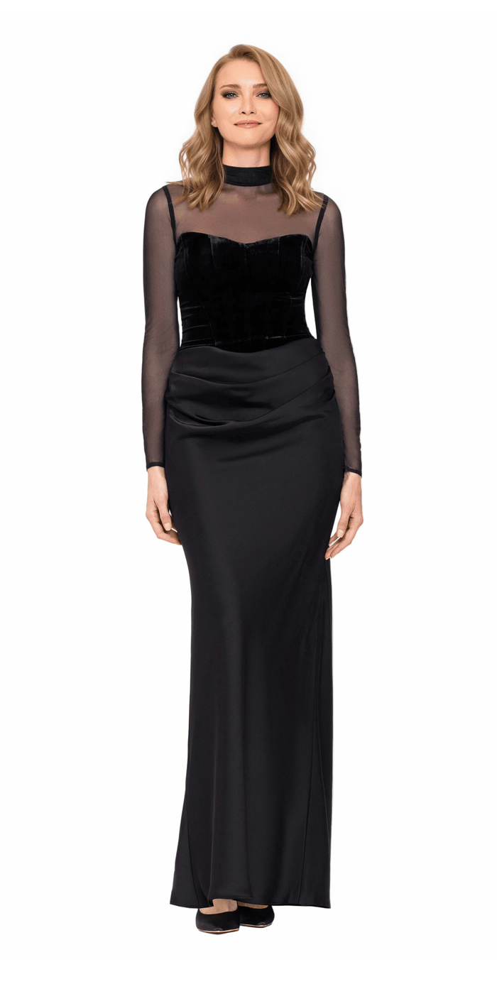 Camille La Vie Mock Neck Illusion Long Sleeve Velvet and Satin Column Dress missy / 4 / black