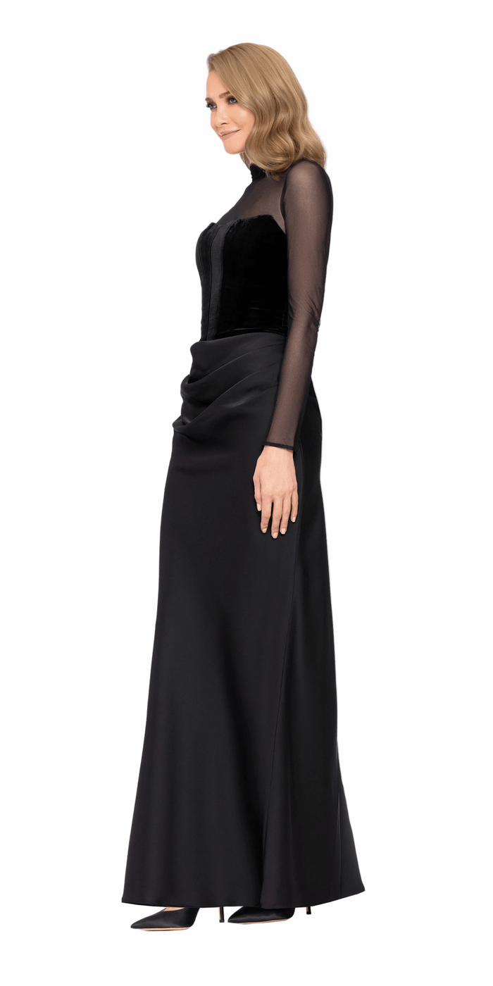 Camille La Vie Mock Neck Illusion Long Sleeve Velvet and Satin Column Dress