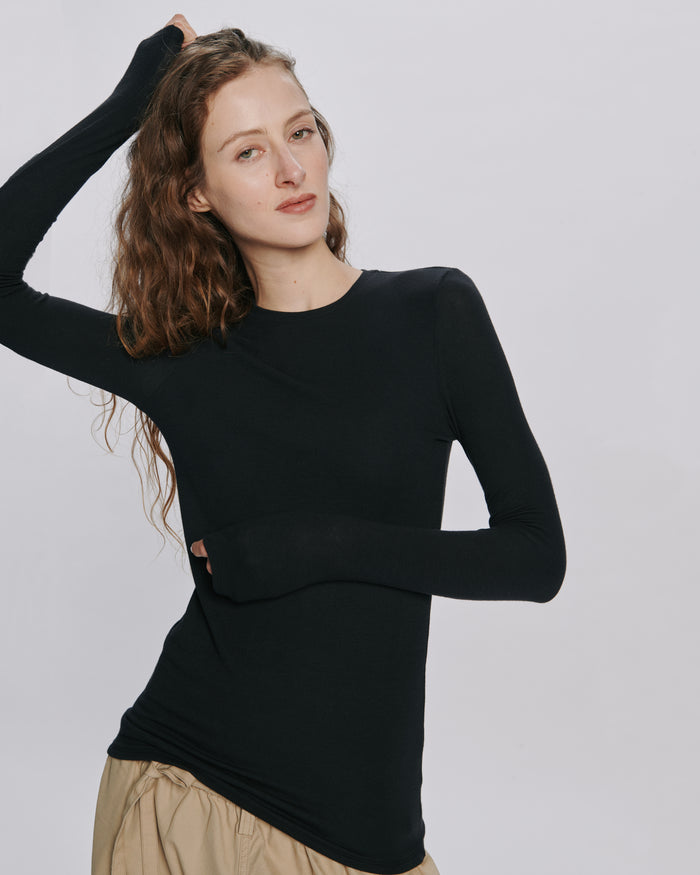 Modal Rib Long Sleeve Crew - Black