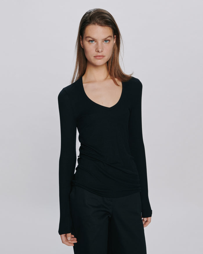 Modal Rib Long Sleeve V-Neck Tee - Black