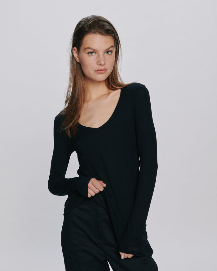 Modal Rib Long Sleeve V-Neck Tee - Black