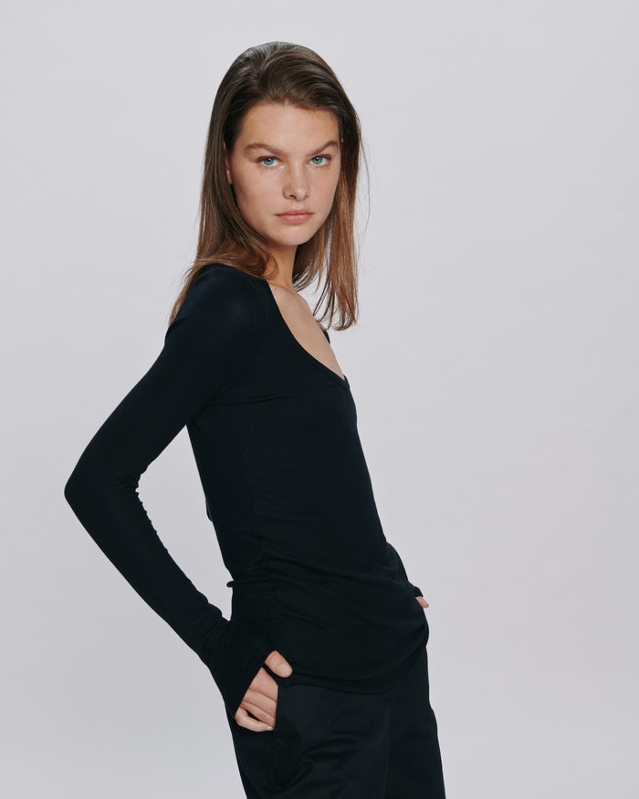 Modal Rib Long Sleeve V-Neck Tee - Black