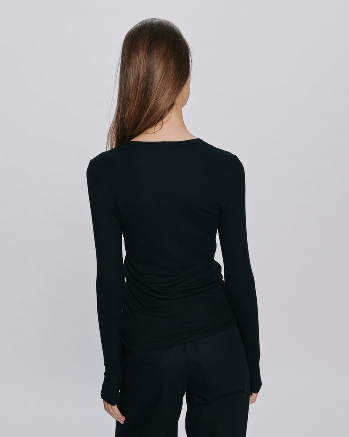 Modal Rib Long Sleeve V-Neck Tee - Black