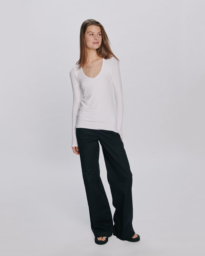 Modal Rib Long Sleeve V-Neck Tee - White