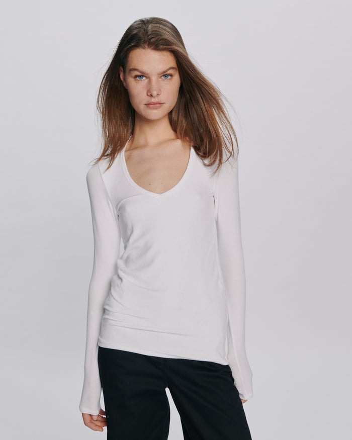 Modal Rib Long Sleeve V-Neck Tee - White