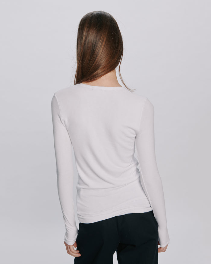 Modal Rib Long Sleeve V-Neck Tee - White