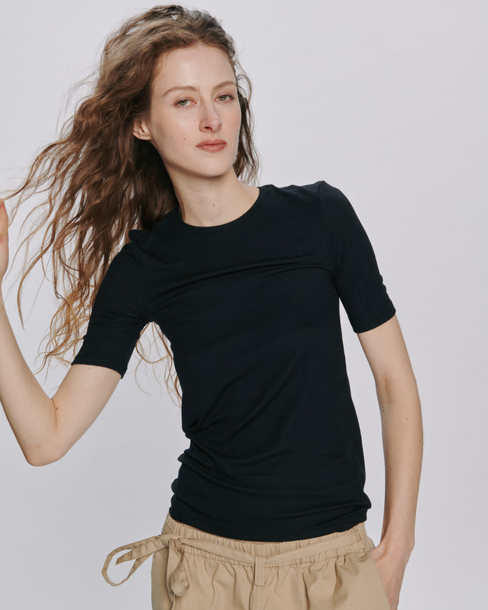 Modal Rib Short Sleeve Crew Neck Tee - Black