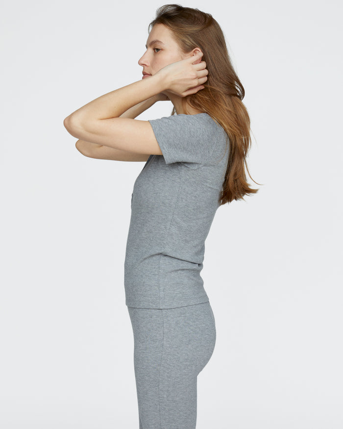 Modal Rib Short Sleeve Henley - Medium Heather Grey