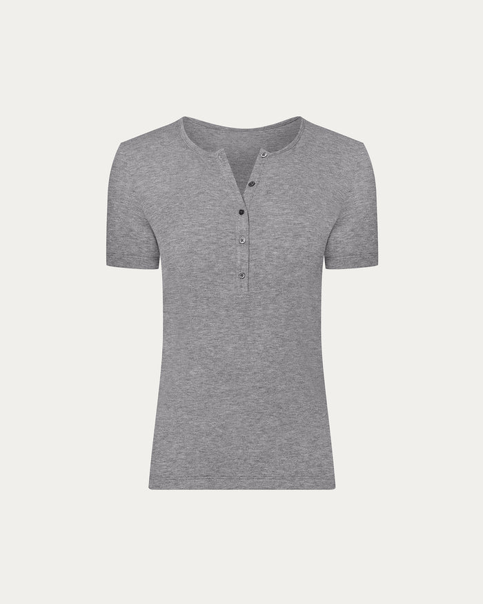 Modal Rib Short Sleeve Henley - Medium Heather Grey