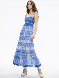 MONNIE SMOCKED TIE STRAP TIERED MIDI DRESS - GREEK TILE